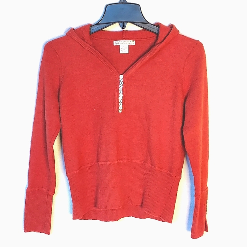 100% Italian Merino WOOL SARAH SPENCER Red Hooded Sweater